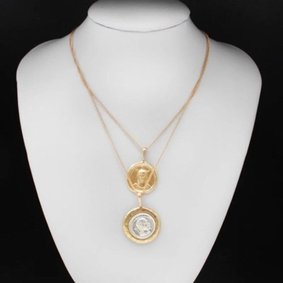 Coin Pendant Vintage Double Chain Layered Necklace - Picture 8 of 12